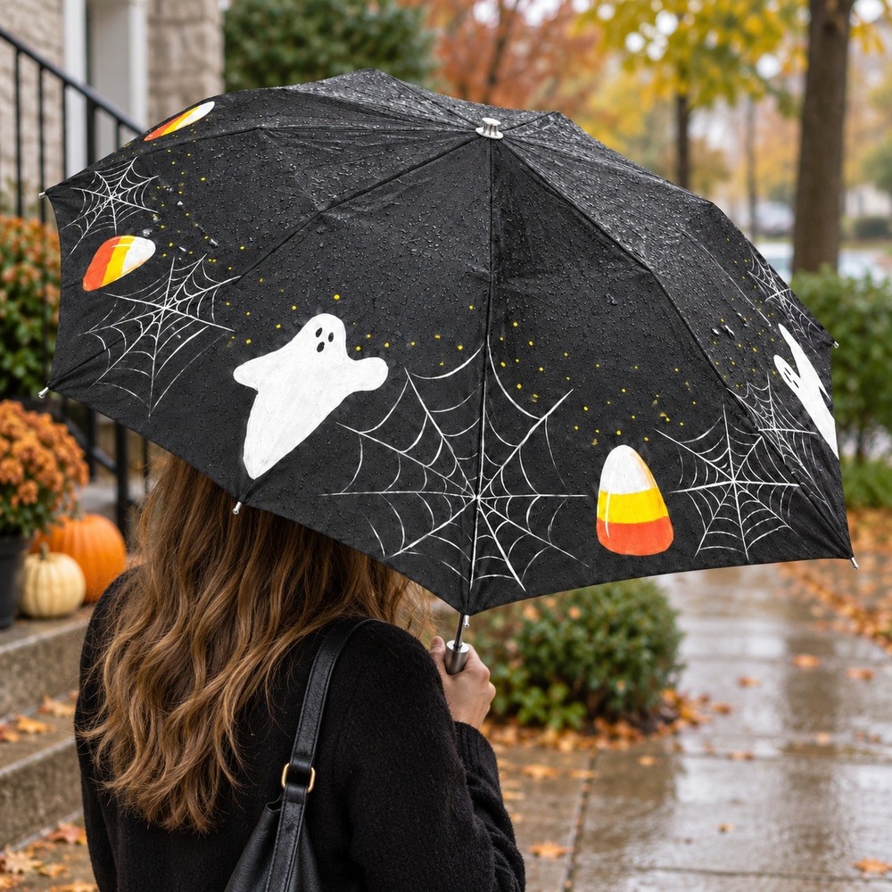 Vtg Hand Painted Halloween Umbrella Ghost Candy Corn Spider Web Black Compact